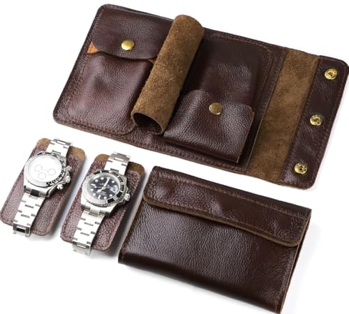 2 Slots Portable Travel Watch Box Vegetable Tanned Milled Leather Double Watch Case Pouch Watch Holder Organizer Storage Jewelry Wristwatch Roll Secure Storage Durable Easy Carry On Brown - color: 2 slots style brown 2