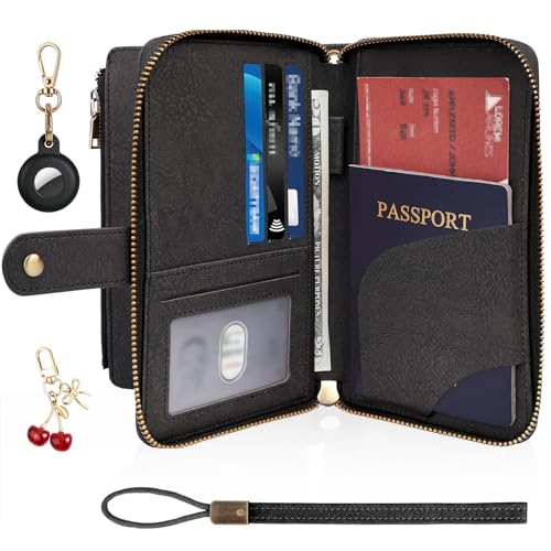 RFID Blocking Passport Wallet, Anti Theft PU Texture Passport Pouch with Tracker Case, Travel Document Organizer Zipper Wallet with Wrist Strap & Keychain, Gifts for Women and Men (Black) - color: Texture-Black