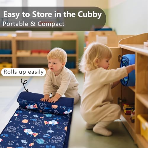 Primlect Toddler Nap Mat with Removable Pillow and Fleece Blanket, Extra Large 55''x35'' Sleeping Bag, Washable, Light, Easy to Roll up, Perfect for Daycare, Preschool, Kindergarten, Travel - color: Space Ship
