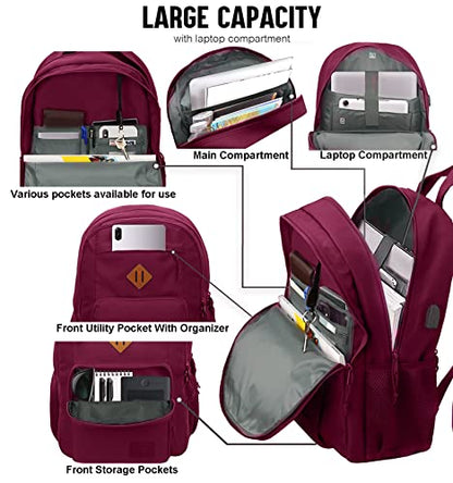 KEOFID Classic Anti-Theft Laptop Backpack for Men and Women, Burgundy, 17.3" x 12.6" x 7.2" - color: Burgundy, size: 17.3Inches