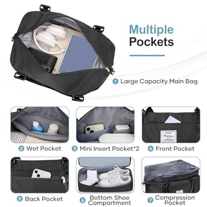 Overnight Weekender Bags for Women,Vacuum Travel Duffel Bag with Air Pump, Personal Item Travel Bag with Shoes Compartment & Compression Pocket,Black - color: A-Black with Air Pump, size: Large