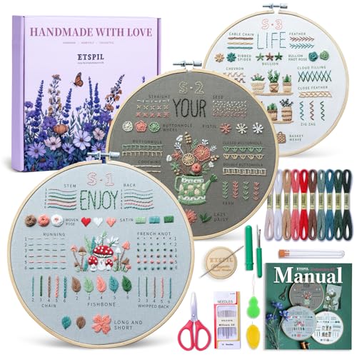 ETSPIL Embroidery Kit for Beginners, Magnetic Needle Minder & 4K Video Tutorials, Pre-Printed Floral Patterns, Bound Guide, Relaxing Screen-Free Craft for Women at Home - color: simple B