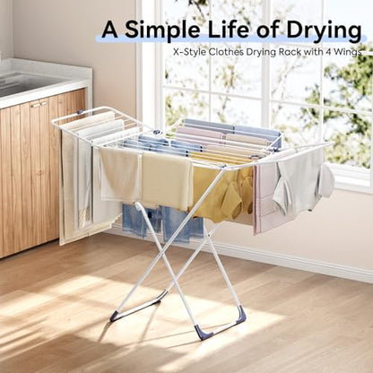 APEXCHASER Clothes Drying Rack, Metal Drying Rack Clothing, Laundry Rack Foldable, Space-Saving, Free-Standing Airer with 4 Gullwings, Indoor Outdoor Use, 55.12"*37.8"*17.52", White