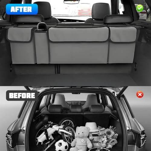 Car Trunk Organizer with Lid, Large Waterproof Vehicle Backseat Hanging Storage Bag with 4 Pockets & Adjustable Straps, Collapsible Automotive Interior Cargo Bag, Universal Fit (Grey) - color: Grey