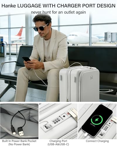 Hanke 24 Inch Expandable Checked Luggage with Cup Holder and Charger Port,Top Opening Hard Shell Suitcases with Wheels, Medium Travel Rolling Suitcase Trunk Luggage with Lock, Smoke White - color: Smoke White, size: Expandable 24 Inch