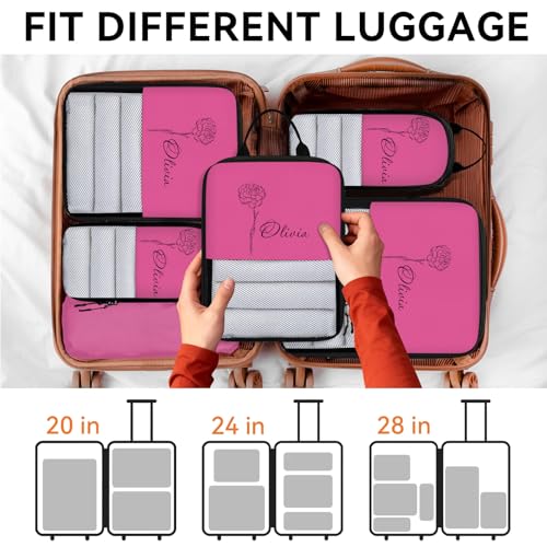 Custom 6 Set Compression Packing Cubes for Travel, Personalized Lightweight Luggage Organizer Bags with Name & Birth Flower, Expandable Large Expandable Packing Organizer, Hot Pink - color: Hot Pink
