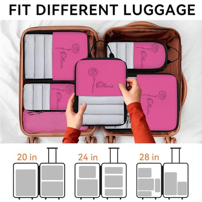 Custom 6 Set Compression Packing Cubes for Travel, Personalized Lightweight Luggage Organizer Bags with Name & Birth Flower, Expandable Large Expandable Packing Organizer, Hot Pink - color: Hot Pink