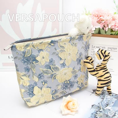 PAZIMIIK Makeup Bag Large Cotton Zipper Pouch for Purse Travel Canvas Make Up Organizer for Women Cosmetic,Brocade Blue - color: Brocade Blue Flower