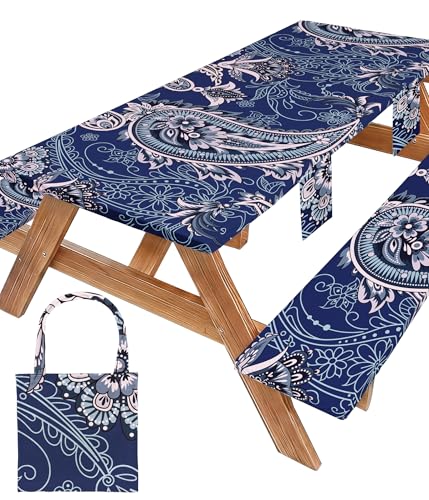 Picnic Table Cover with Bench Covers Waterproof Elastic Rectangle Reusable Folding Tablecloth Manteles Mantelería Camping Essentials Rv Car Travel Supplies Table Cloth Outdoor Road Trip Camper Gifts - color: Blue Paisley, size: 72in