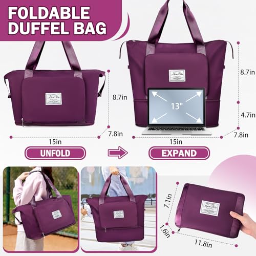 Ranslen Large Capacity Folding Travel Bag,Expansion Travel Duffel Bag with Dry and Wet Separation Portable Travel Duffel Bag - color: Fuchsia