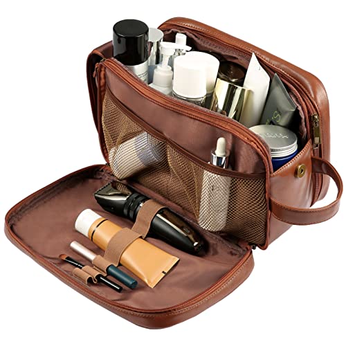 Personalized Leather Travel Toiletry Bag for Men, Large Travel Bathroom Shaving Dopp Kit, Large Cosmetic Bag Waterproof - color: Brown
