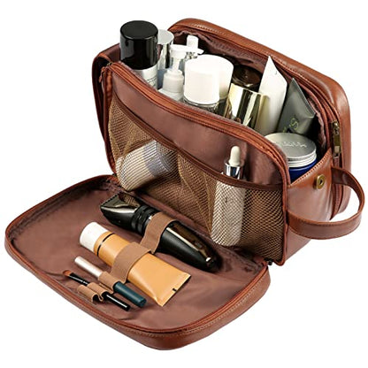 Personalized Leather Travel Toiletry Bag for Men, Large Travel Bathroom Shaving Dopp Kit, Large Cosmetic Bag Waterproof - color: Brown