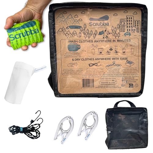 Scrubba Portable Wash Bag Kit (5 Pieces) – Hand Washing Machine System for Hotel, Hiking & Travel Wash – Light and Small Eco-friendly Camping Laundry Bag, Green, Regular Size