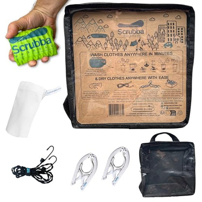 Scrubba Portable Wash Bag Kit (5 Pieces) – Hand Washing Machine System for Hotel, Hiking & Travel Wash – Light and Small Eco-friendly Camping Laundry Bag, Green, Regular Size