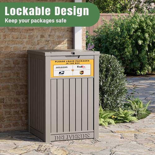 Package Delivery Box for Outside with Sign, Secure Lockable Waterproof Package Delivery Container, Resin Deck Box for Porch & Garden, Grey - color: 021 Grey