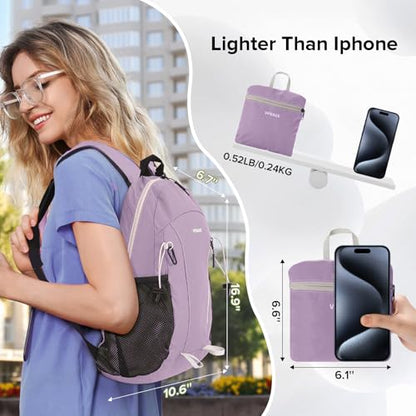 VPBAGE 15L Water-resistant Hiking Daypack for Women, Small Backpack Travel Outdoor, Lightweight Day Pack with Tool Loops - color: Light Purple