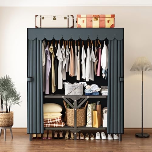 Foldable Clothes Hanger with Cover Portable Wardrobe, Metal Standing Armoire Wardrobe Clothes Rack with Gray Fabric Cover,One-Piece Folding Base,25MM Steel Tube for Bedroom - size: 39.4 x 17.7 x 66.9 inches