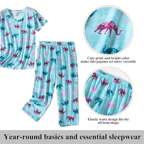 PNAEONG Women Pajama Set Sleepwear Tops with Capri Pants Casual and Fun Prints Pajama Sets - color: Blue Elephant, size: Large