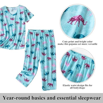 PNAEONG Women Pajama Set Sleepwear Tops with Capri Pants Casual and Fun Prints Pajama Sets - color: Blue Elephant, size: 3X-Large