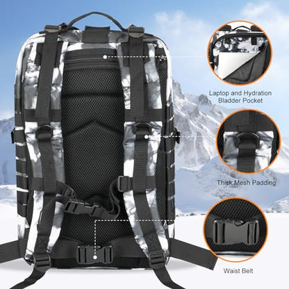 Hannibal Tactical MOLLE Assault Backpack, Tactical Backpack Military Army Camping Rucksack, 3-Day Pack Trip w/USA Flag Patch, D-Rings, Black White camo - color: Black/White Camo