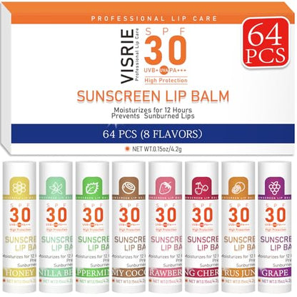 SPF 30 Sunscreen Lip Balm, Bulk Travel Size-64 Pack, Hydrating with Vitamin E & Coconut Oil- 8 Flavors - color: 64 Count