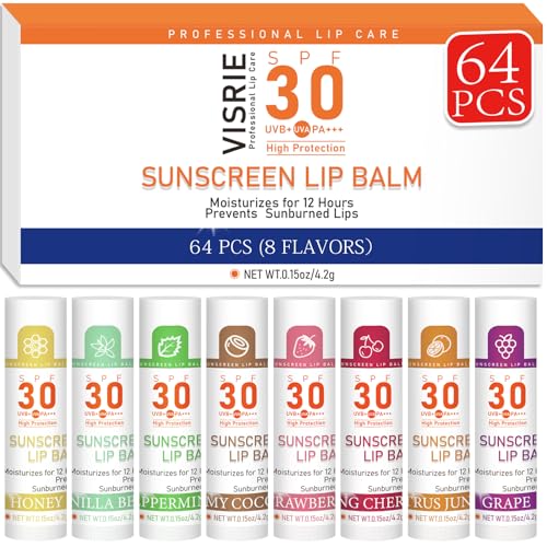 SPF 30 Sunscreen Lip Balm, Bulk Travel Size-64 Pack, Hydrating with Vitamin E & Coconut Oil- 8 Flavors - color: 64 Count