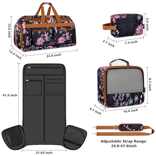 Convertible Garment Duffel Bags for Travel - Carry on Garment Duffle with Toiletry Bag Storage Bag Large Travel Duffel Bag 2 in 1 Hanging Suit Bag Weekender Bag for Men Women 3pcs Set - color: A03-black flower