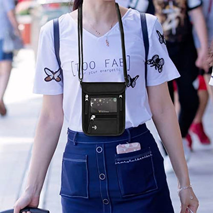 WALNEW Passport Holder Neck Pouch Travel Wallet for Women and Men, RFID Blocking Security Slim Traveling Wallet with Around Neck Lanyard Strap, Black - color: Black