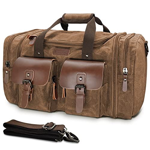 Wildroad Waxed Canvas Genuine Leather 50L Waterproof Duffle Bag - Vintage Travel Weekender Overnight Carry On - color: Vintage Dark Brown, size: Large-50L Duffle Bag