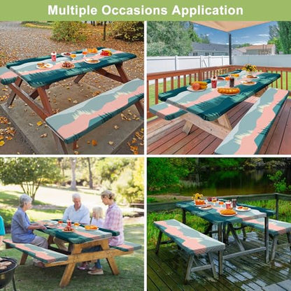 Picnic Table Cover with Bench Covers 6FT 3 Pcs Waterproof Windproof Aesthetic Camping Tablecloth with Drawstring Bag, Fitted for 6 Foot Rectangle Tables and Seats, 72 inch, Pink Green Mountains - color: Pink Green Mountains