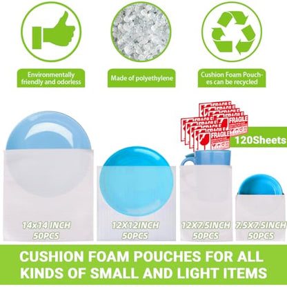 Moving supplies,200Pack Cushion Foam Pouches, Packing Supplies for Moving, Packing, Transportation and Storage, Incidental 120Fragile Stickers (14X14, 12X12, 12X7.5, 7.5X7.5) - color: 14X14, 12X12, 12X7.5, 7.5X7.5