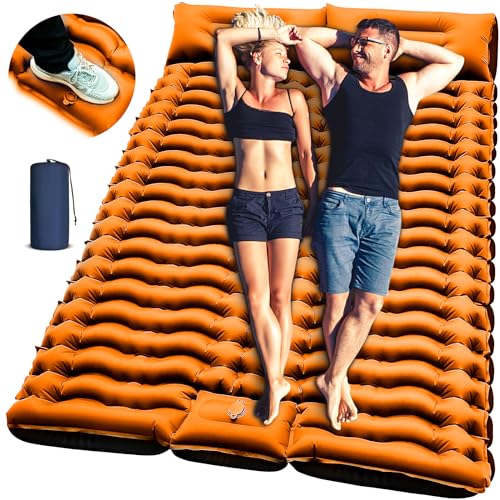 Yuzonc Double Sleeping Pad for Camping, 4" Extra Thick Self-Inflating Air Mattress - 2 Person Inflatable Camping Mat with Built-in Foot Pump & Pillow, Backpacking Hiking Tent Travel-Orange - color: Orange-1