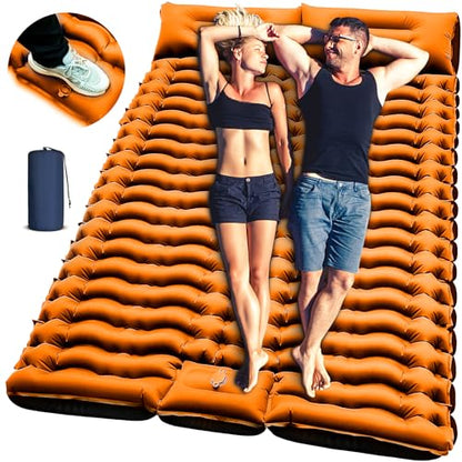 Yuzonc Double Sleeping Pad for Camping, 4" Extra Thick Self-Inflating Air Mattress - 2 Person Inflatable Camping Mat with Built-in Foot Pump & Pillow, Backpacking Hiking Tent Travel-Orange - color: Orange-1