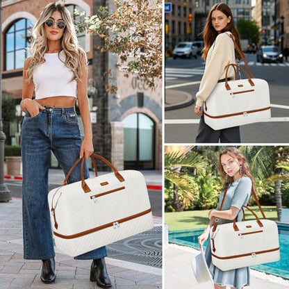 ITIEZY Weekender Overnight Bag for Women - Large Travel Duffel Bag with Shoe Compartment, Gym Duffel Bag Hospital Bag Carry On Tote Bags for Airplanes with Crossbody Bag Toiletry Bag 3Pcs Set - color: 9a-Beige