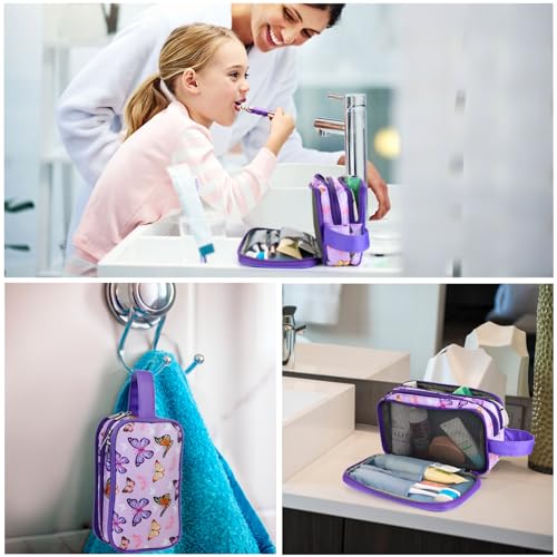 Kids Toiletry Bag for Girls, Travel Toiletry Bag for Little Young Girls Cosmetic Bag Makeup Bag Waterproof Hanging Wash Bag Toddler Toiletries, Butterfly Purple - color: Butterfly-Purple