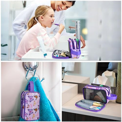 Kids Toiletry Bag for Girls, Travel Toiletry Bag for Little Young Girls Cosmetic Bag Makeup Bag Waterproof Hanging Wash Bag Toddler Toiletries, Butterfly Purple - color: Butterfly-Purple