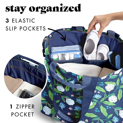 Fit & Fresh XL Beach Tote Bag for Women – XL Travel Tote with Zipper & Pockets, Oversized Canvas Pool Bag, Weekender Carry-On - color: Navy Hydrangeas