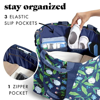 Fit & Fresh XL Beach Tote Bag for Women – XL Travel Tote with Zipper & Pockets, Oversized Canvas Pool Bag, Weekender Carry-On - color: Navy Hydrangeas