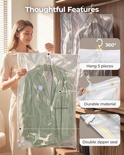 BAGSMART 4 Pack Hanging Vacuum Storage Bags for Clothes, Space Saver Bags for Closet Organization, Air-tight Vacuum Sealer Bags for Heavy Coats, Suits, Dresses, Jackets, Hand Pump Included - size: 4 Combo Hanging