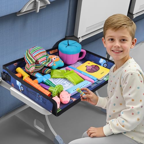 Kids Tray Table Cover, Airplane Tray Cover with Pockets, Airplane Travel Essentials for Kids, Portable Airplane Must Haves for Toddler on Plane or Train and Flying Supplies (Dark Blue) - color: Dark Blue