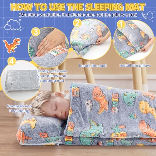 Preschool Nap Mat with Pillow and Blanket, 21" x 50" Glow Sleeping Bag Toddler Nap Mat for Daycare Kids, 2" Thick All in one Foldable Floor Mattress for Girl Boys - style: Dinosaur Pattern