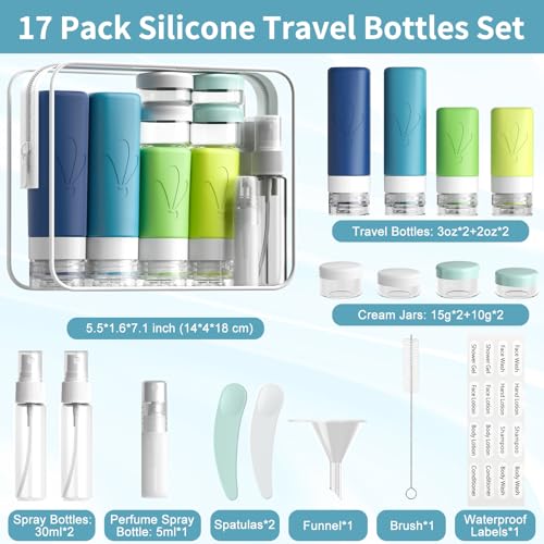 INSFIT 17 Pack Travel Bottles for Toiletries, TSA Approved 3oz 2oz Travel Size Toiletries, BPA Free Leak Proof Squeezable Silicone Tubes Travel Essentials for Shampoo Conditioner Lotion Soap - color: Green