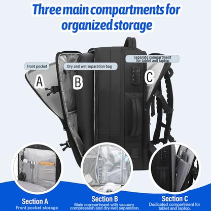 Vacuum Seal Travel Backpack W/Pump Built-in - 65L Water-Resistant Carry-On Vacuum Backpack Travel Bag Expandable Air Compression System with TSA Lock Fits19 Laptop (Black) - size: 65L