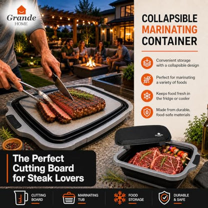 BBQ Prep Tub Collapsible EXTRA-LARGE w/Cutting Board, Locking Lid – Meal Prep Food Prep Containers w/Lids for Resting Meat –3 Adjustable Height - Ideal for Camping, Picnic, Dish Basin