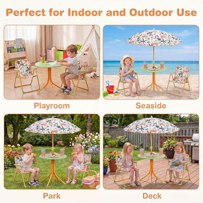 HONEY JOY Kids Picnic Table, Animal Themed Toddler Outdoor Table and Chair Set, 2 Folding Chairs & Removable Umbrella, Children Outdoor Furniture for Backyard Patio Garden (Green Tiger) - color: Green Tiger