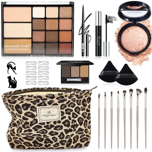 All-In-One Makeup Kit for Women, Full Face Makeup Set with 15-Shade Eyeshadow Palette(Highlighter, Contour), Baked Powder Foundation, Makeup Brushes, Leopard Print Cosmetic Bag&etc., Beginner Friendly - color: Leopard Set