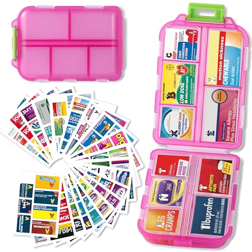 Pill Organizer with Medicine Labels Travel Daily Pill Container Mini Medication Organizer Storage Pill Organizer Travel Essentials Pill Case 7 Day (Pink & 161 Lables) - color: Pink, size: Standard