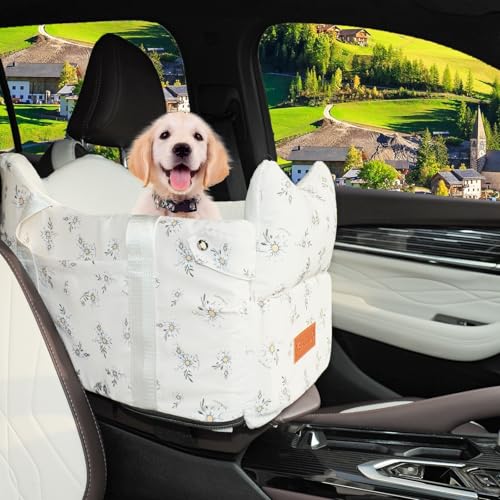 Center Console Dog Car Seat for Small Dogs – Portable Puppy Booster Armrest Carseat, Anti-Collapse Comfort Travel with Washable Fluffy Cushion & Pillow, Fits Dogs up to 15 lbs (Off White) - color: Off White, size: Extra Small (Up to 15 lbs)