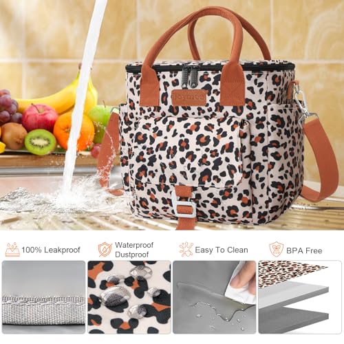 Joymee Insulated Lunch Bag for Women Reusable Leakproof - Leopard Print | Large Spacious, Cooler Lunch Bag, Adjustable Shoulder Strap, With Side Pocket, Bottle Holder, for Office Work Picnic Travel - color: Brown Leopard Print