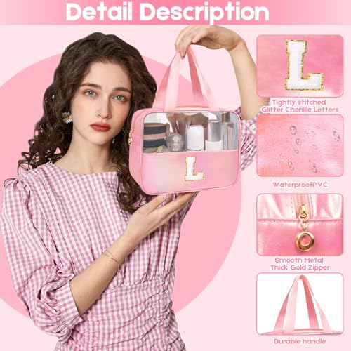 Personalized Initial Clear Makeup Bag Pink Cosmetic Bag Set Large Travel Toiletry Bag, Cute Clear Make Up Bags Organizer Bag for Girlfriend Teacher Gifts Teen Girl Gifts Trendy Stuff R (Pink) - color: Pink, style: R